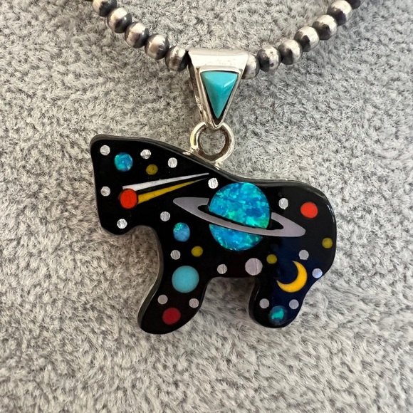 ❤️ Zuni Inlaid Galaxy Native Signed “GI” 925 Horse / Pony Pendant New Mexico - Picture 13 of 13